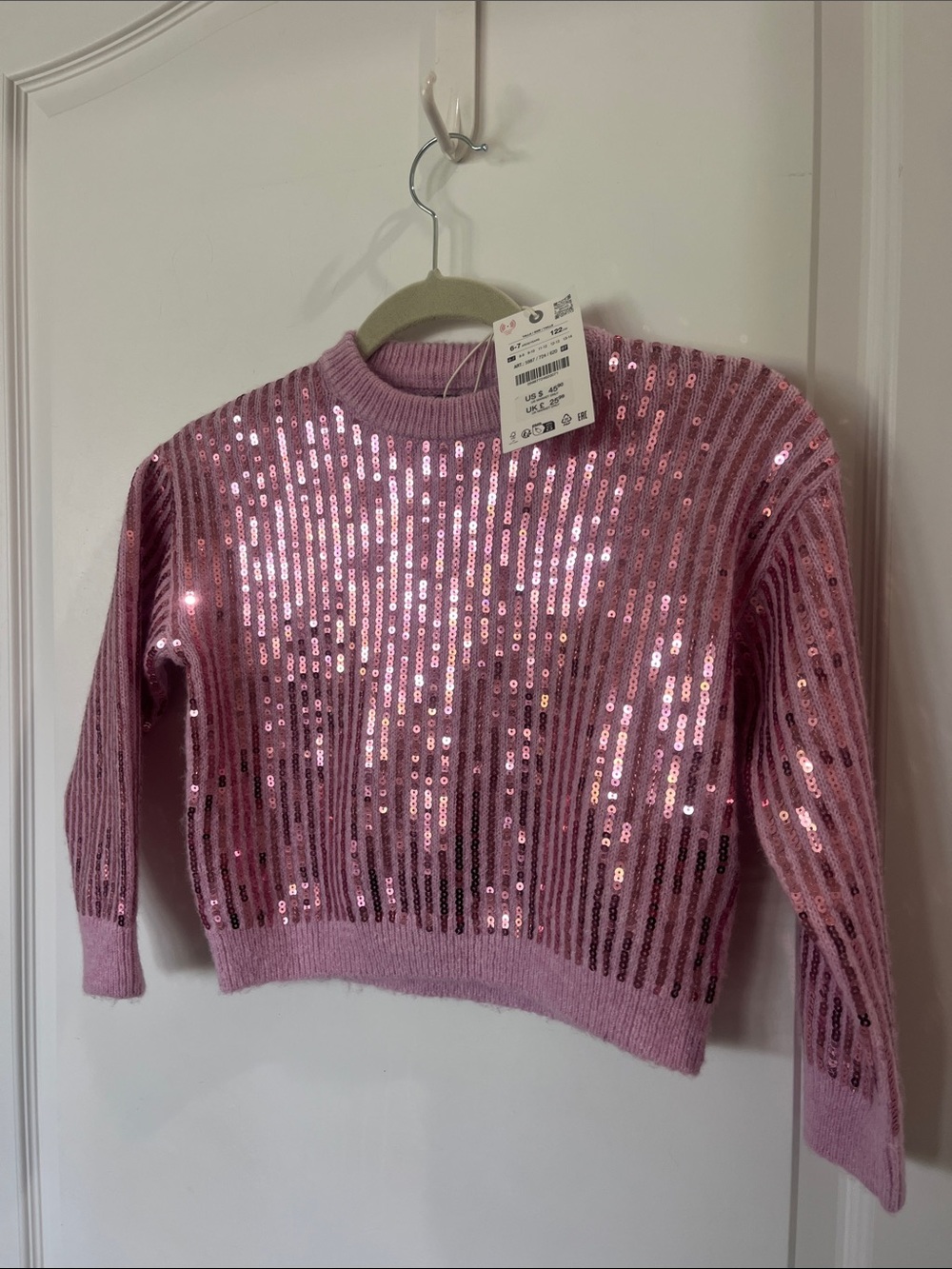 NWT Zara pink crewneck sequin girls ribbed sweater size 6–7
